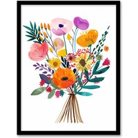 Artery8 Colourful Floral Bouquet Abstract Watercolour Framed Art Print | Size: A4