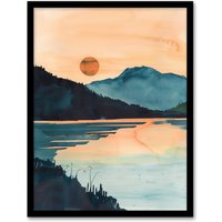 Artery8 Sun Rising Over Loch Shiel Lakeside Mountains Framed Art Print in Dark Blue | Size: A4