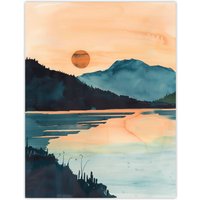 Artery8 Sun Rising Over Loch Shiel Lakeside Mountains Wall Art Print in Dark Blue | Size: W18" x H24"