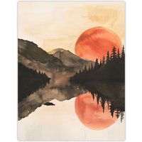 Artery8 Red Sun Setting Behind Lakeside Forest Mountains Wall Art Print in Orange | Size: W24" x H32"