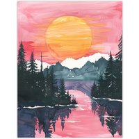 Artery8 Lake Tahoe Forest Winter Sun Sunset Watercolour Wall Art Print in Pink | Size: W24" x H32"