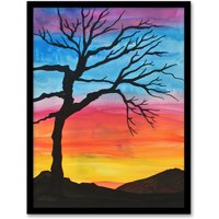 Artery8 Tree Silhouette Against Rainbow Sky Watercolour Framed Art Print | Size: W12" x H16"
