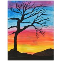 Artery8 Tree Silhouette Against Rainbow Sky Watercolour Wall Art Print | Size: W18" x H24"