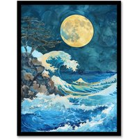 Artery8 Great Wave Seascape Under a Full Moon Watercolour Framed Art Print in Blue | Size: A4