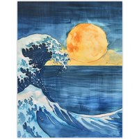 Artery8 The Great Wave Sunrise Seascape Watercolour Wall Art Print in Blue | Size: W24" x H32"