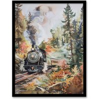 Artery8 Locomotive Train on Autumn Forest Railway Track Framed Art Print in Brown | Size: W12" x H16"