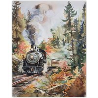 Artery8 Locomotive Train on Autumn Forest Railway Track Wall Art Print in Brown | Size: W18" x H24"
