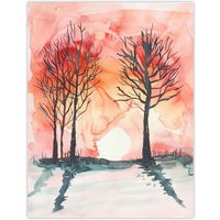Artery8 Two Trees at Sunset Winter Countryside Landscape Wall Art Print in Pink | Size: W24" x H32"