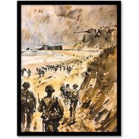 Artery8 WWII D Day Landing Normandy War Tanks Soldiers Framed Art Print in Light Brown | Size: W12" x H16"