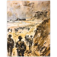 Artery8 WWII D Day Landing Normandy War Tanks Soldiers Wall Art Print in Light Brown | Size: W18" x H24"