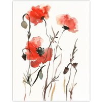 Artery8 Watercolour Poppy Flowers Bright Abstract Floral Wall Art Print in Red | Size: W24" x H32"