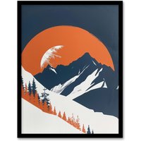 Artery8 Abstract Winter Crescent Moon Mountain Landscape Framed Art Print in Orange | Size: W12" x H16"