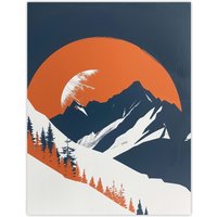 Artery8 Abstract Winter Crescent Moon Mountain Landscape Wall Art Print in Orange | Size: W12" x H16"