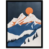 Artery8 Modern Switzerland Winter Mountain Landscape Framed Art Print in Orange | Size: A4