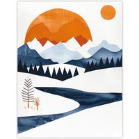 Artery8 Abstract Geometric Orange Blue Winter Landscape Wall Art Print | Size: W12" x H16"