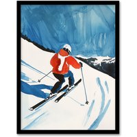 Artery8 Austria Skier Skiing Winter Sport Ski Watercolour Framed Art Print in Blue | Size: A4