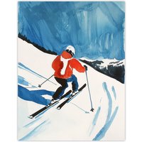 Artery8 Austria Skier Skiing Winter Sport Ski Watercolour Wall Art Print in Blue | Size: W24" x H32"