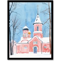 Artery8 Pink Orthodox Church Ukraine Soft Watercolour Framed Art Print in Blue | Size: A4