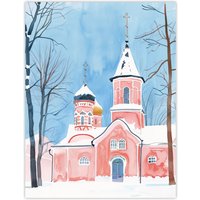 Artery8 Pink Orthodox Church Ukraine Soft Watercolour Wall Art Print in Blue | Size: W24" x H32"