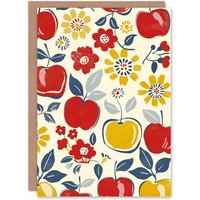 Artery8 Apple Fruit & Flowers Red Yellow Blue Pattern Birthday Card