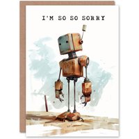 Artery8 So Sorry Cute Retro Mechanoid Bot Robot Apology Miss You Card in Brown