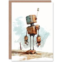 Artery8 Cute Retro Mechanoid Bot Robot Concept Art Birthday Card in Brown