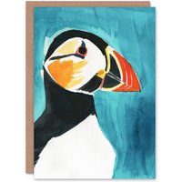 Artery8 Women's Atlantic Puffin Bird Simple Watercolour Portrait Birthday Card in Blue