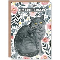 Artery8 Women's Rustic Floral Pattern British Shorthair Cat Lover Birthday Card in Grey
