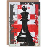 Artery8 King Black Chess Piece Checkerboard Retro Grunge Birthday Card in Red