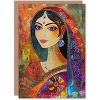 Artery8 Women's Indian Woman With Saree Colourful Folk Art Birthday Card in Orange