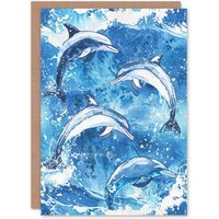 Artery8 Playful Dolphins Jumping Out Of Sea Waves Birthday Card in Blue