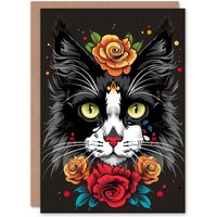 Artery8 Women's Cat Lover Day Of Dead Style Floral Pet Portrait Birthday Card in Black