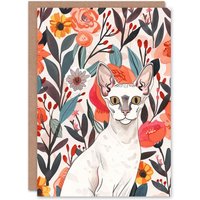 Artery8 Women's White Devon Rex Cat Lover Floral Pet Portrait Birthday Card in Pink