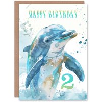 Artery8 Sea Watercolour Dolphin 2nd Two Age 2 Year Old Birthday Card in Blue