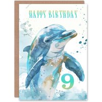 Artery8 Sea Watercolour Dolphin 9th Nine Age 9 Year Old Birthday Card in Blue