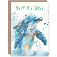 Artery8 Dolphin Sea Wave Jump Bright Soft Watercolour Birthday Card in Blue