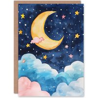 Artery8 Crescent Moon Stars Clouds Night Sky Watercolour Thank You Card in Dark Blue