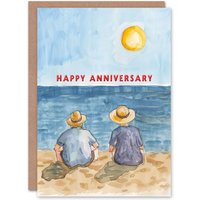 Artery8 Elderly Couple Sitting At The Beach Watercolour Anniversary Card in Blue