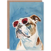 Artery8 Dog Lover English Bulldog With Red Sunglasses Birthday Card in Blue
