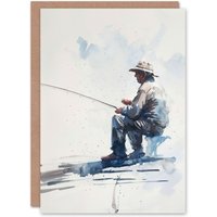 Artery8 Men's Fisherman Rod Fishing Soft Watercolour Portrait Birthday Card in White