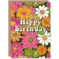 Artery8 Hippy Flower Power Green Pink Orange Retro Floral Birthday Card