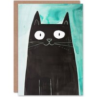 Artery8 Black Cat Lover Cute Watercolour Cartoon Animal Birthday Card in Blue