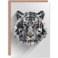Artery8 Fierce Tiger Polygonal Head Grey Orange Geometric Birthday Card