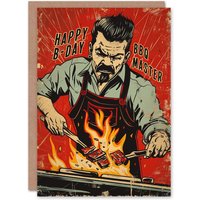 Artery8 Men's Barbeque Master Bbq Grill Man Comic Book Style Birthday Card in Red