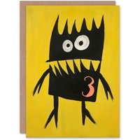 Artery8 Cute Monster Cartoon 3rd Three Age 3 Year Old Birthday Card in Yellow