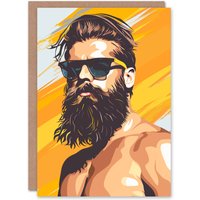 Artery8 Bearded Hipster Man With Sunglasses Bright Summer Birthday Card in Orange