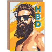 Artery8 Bearded Hipster Man With Sunglasses Summer HBD Birthday Card in Orange