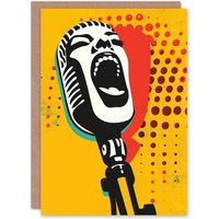 Artery8 Singer Microphone Karaoke Party Graphic Pop Art Birthday Card in Yellow