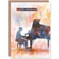 Artery8 Pianist Playing Piano Musician Music Watercolour Birthday Card in Orange