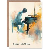 Artery8 Pianist Playing Piano Music Abstract Watercolour Birthday Card in Orange